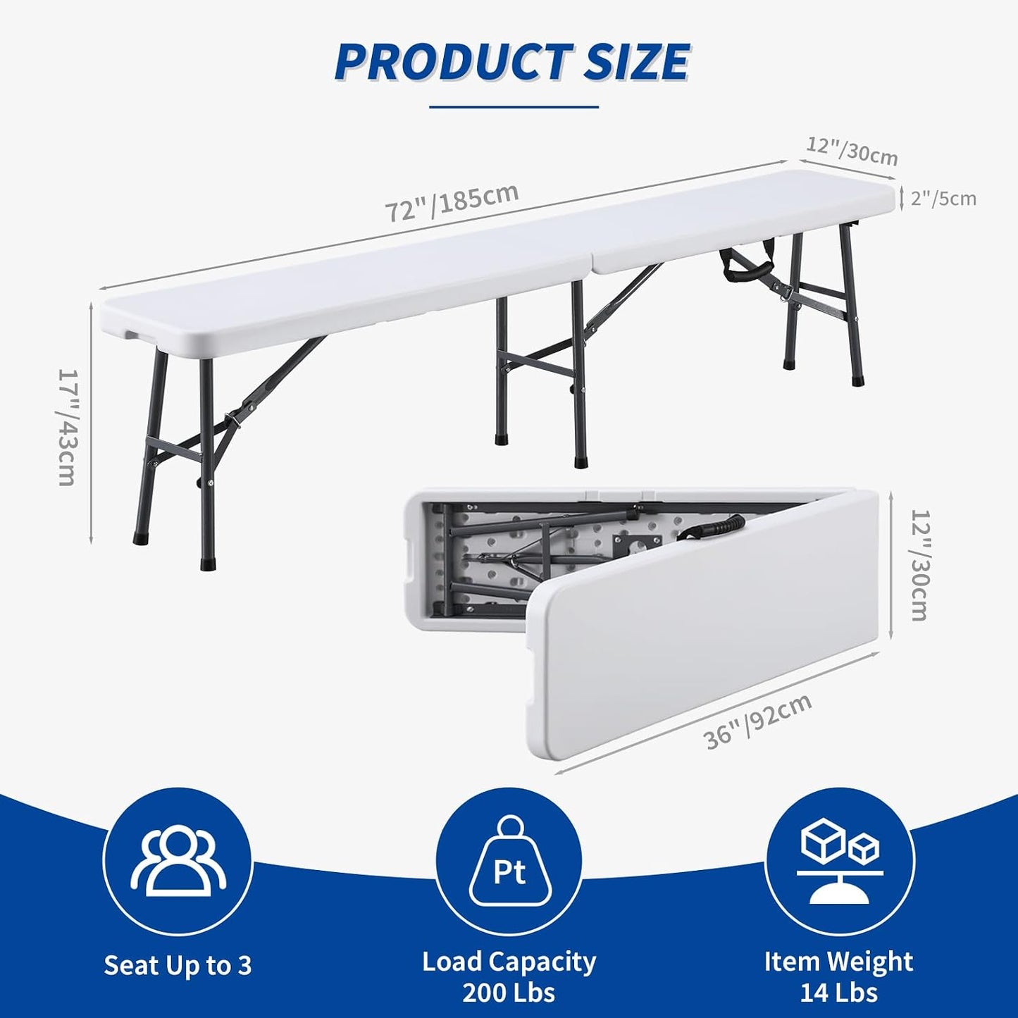 Banco plegable plástico 6ft blanco asa transporte