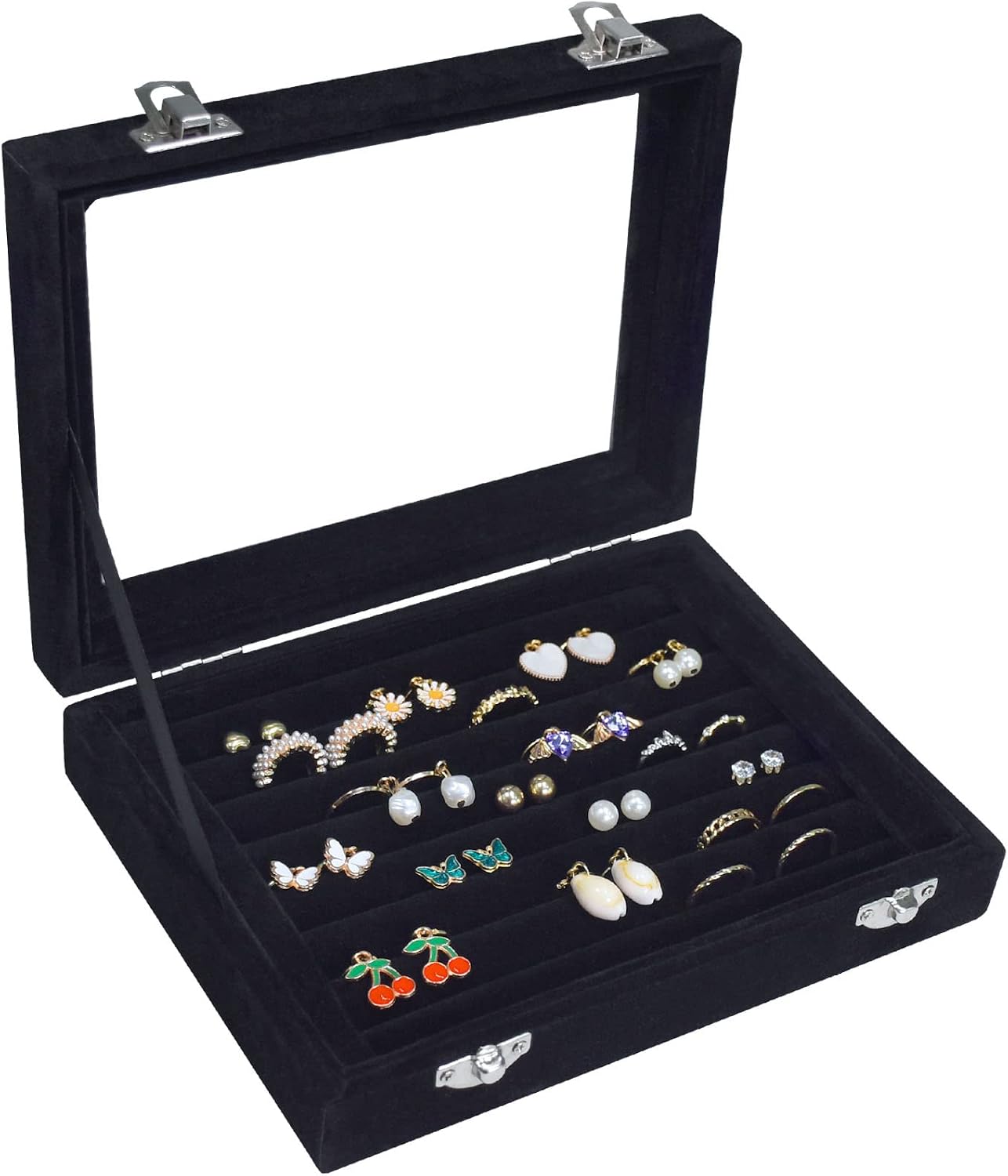 Estuche joyas terciopelo con tapa transparente 7 ranuras