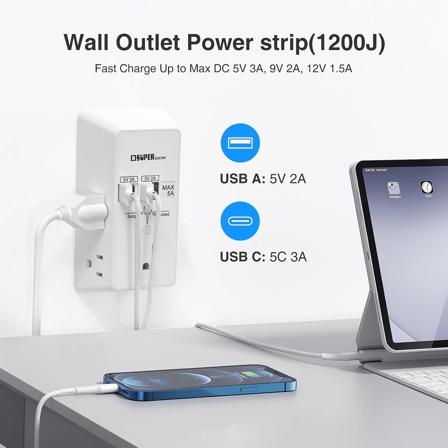 Extensor enchufe 5 puertos USB 5V 5A con protección sobretensiones