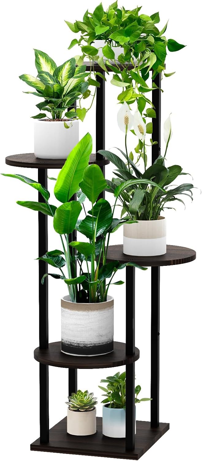 Soporte madera 5 niveles para plantas estante metal negro