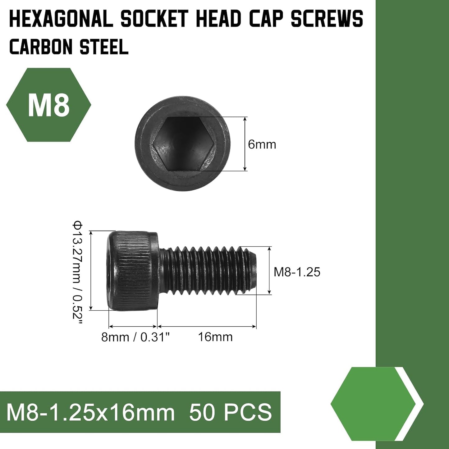 Tornillos hex M8-1.25x16 acero carbono 12.9 negro 50uds