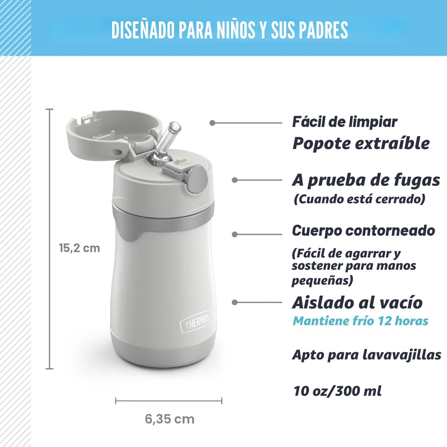 Botella acero inox térmica con popote 10oz gris