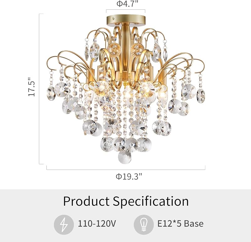 Lámpara de techo cristal empotrada E12 dorado 17.5x19.3