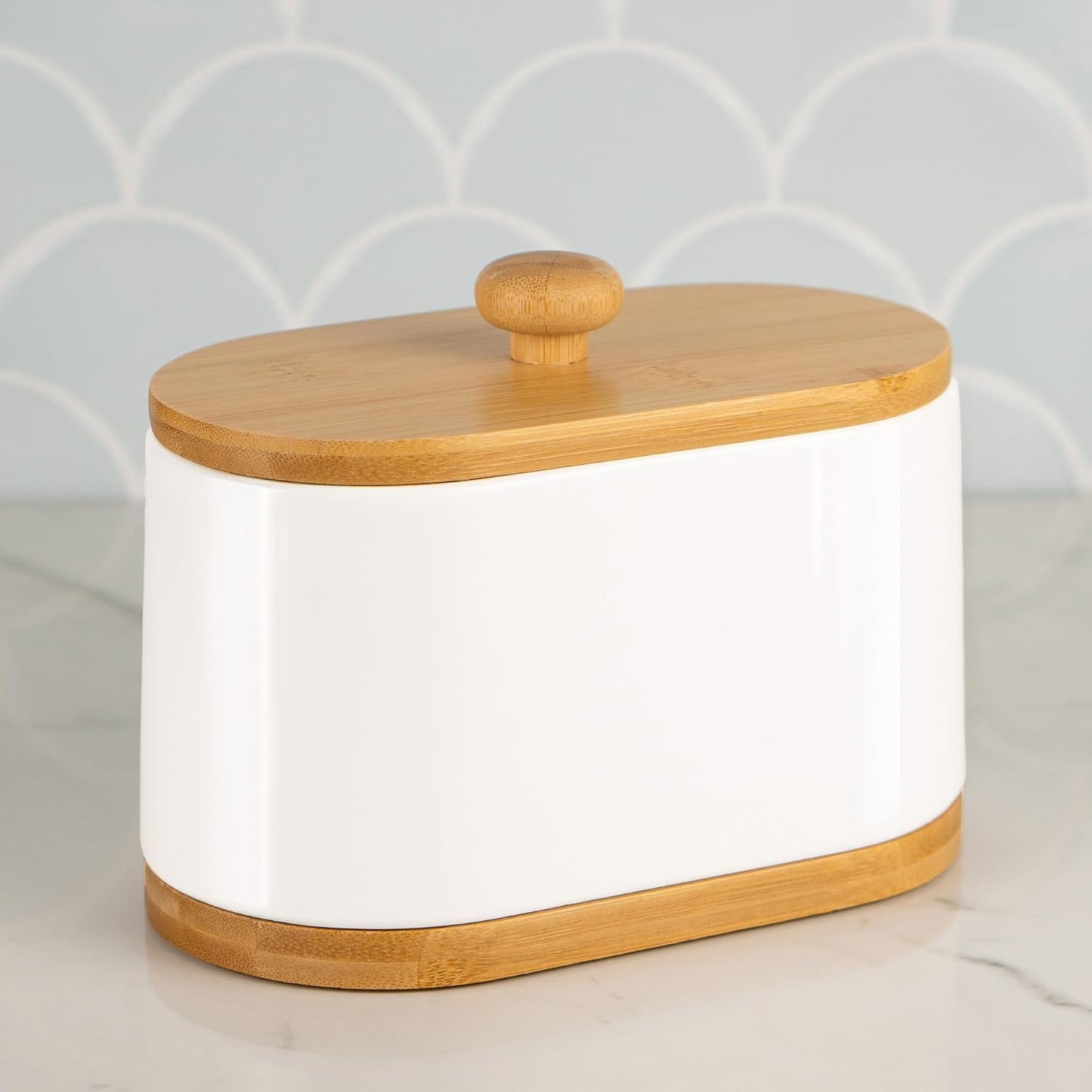 Dispensador hisopos algodón blanco doble compartimento bambú