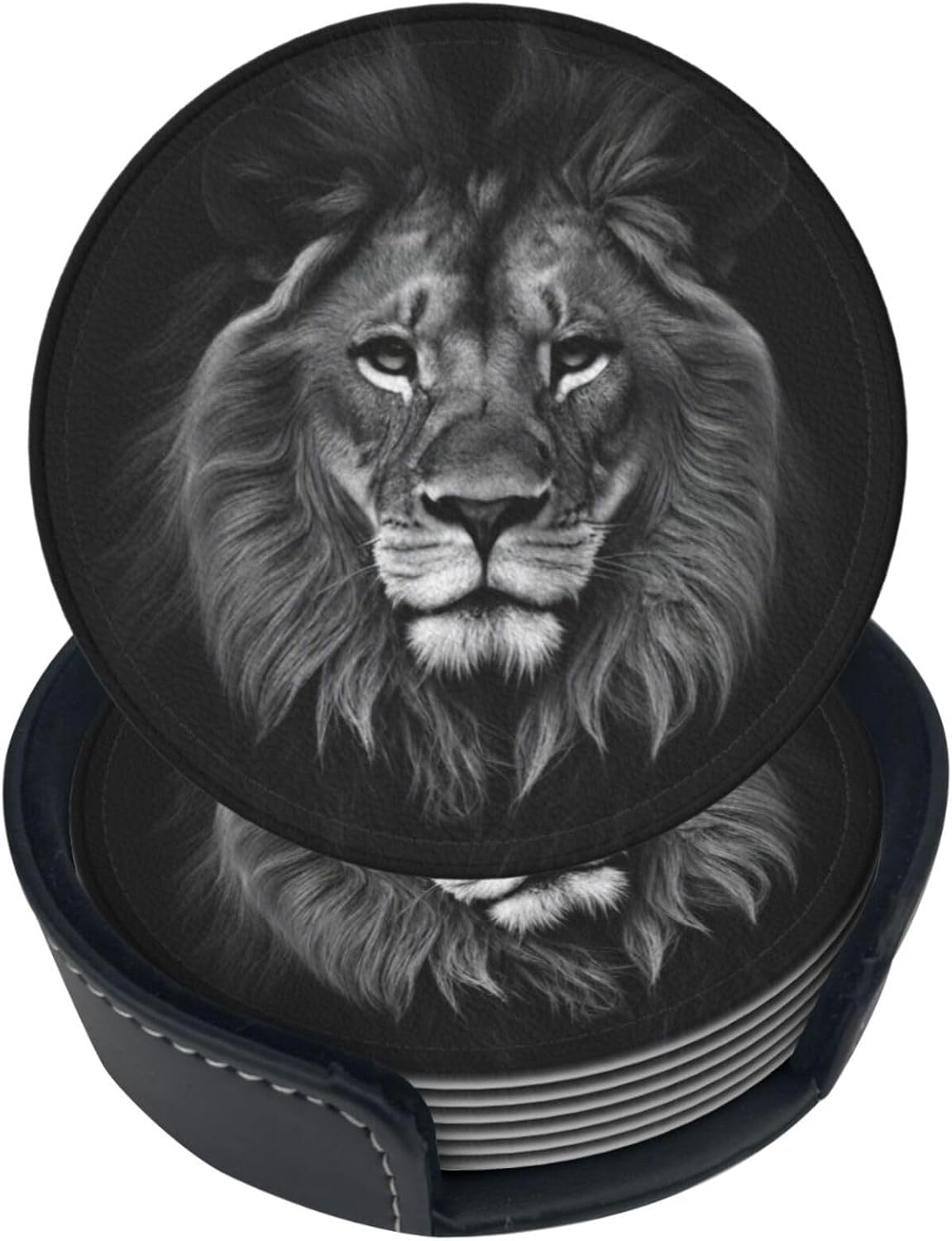 6 Posavasos Cuero León Negro 3D con Soporte para Bebidas