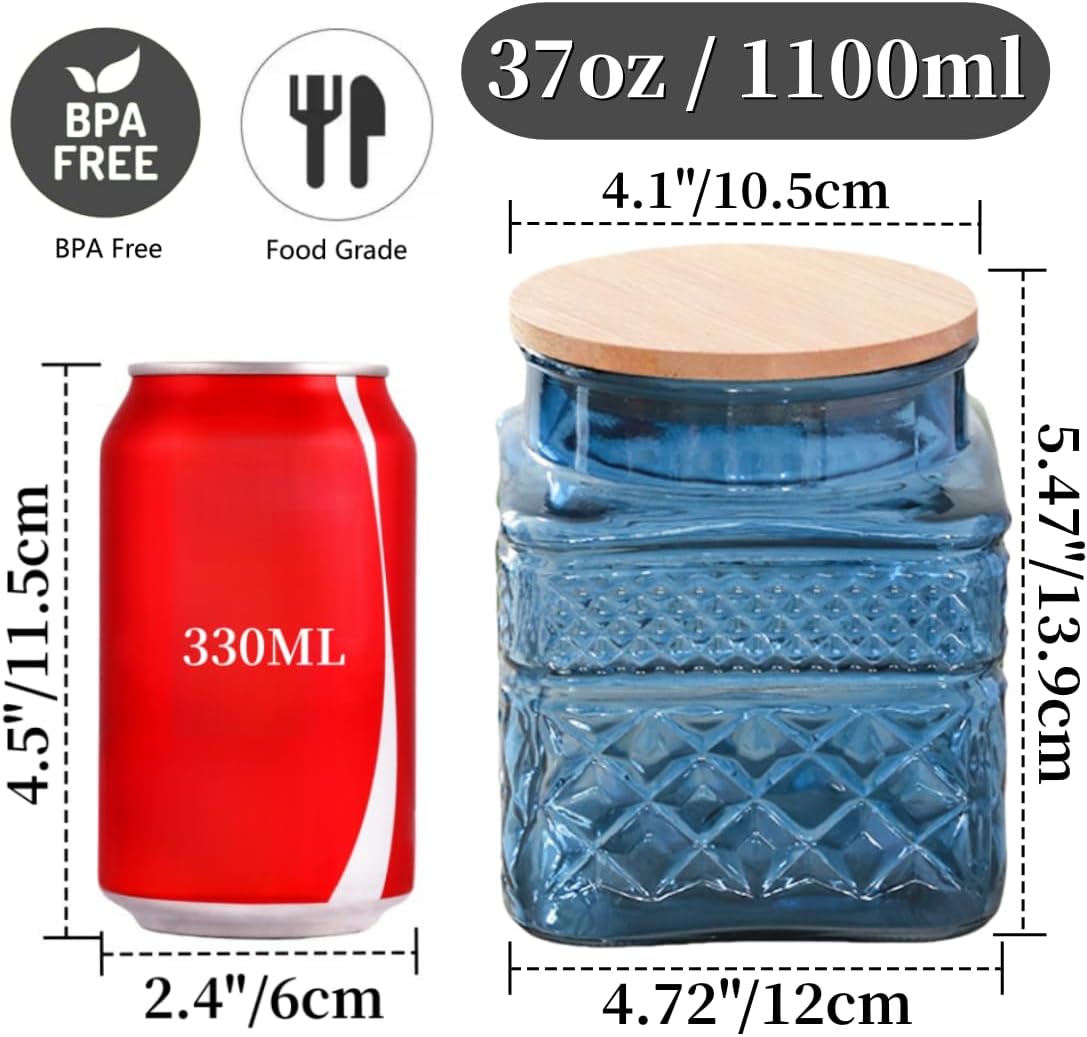 Tarro cuadrado vidrio 37oz con tapa para café té azúcar azul