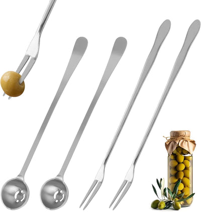 4 Cucharas Aceituna Tenedor Pepinillos Acero Inox Drenaje