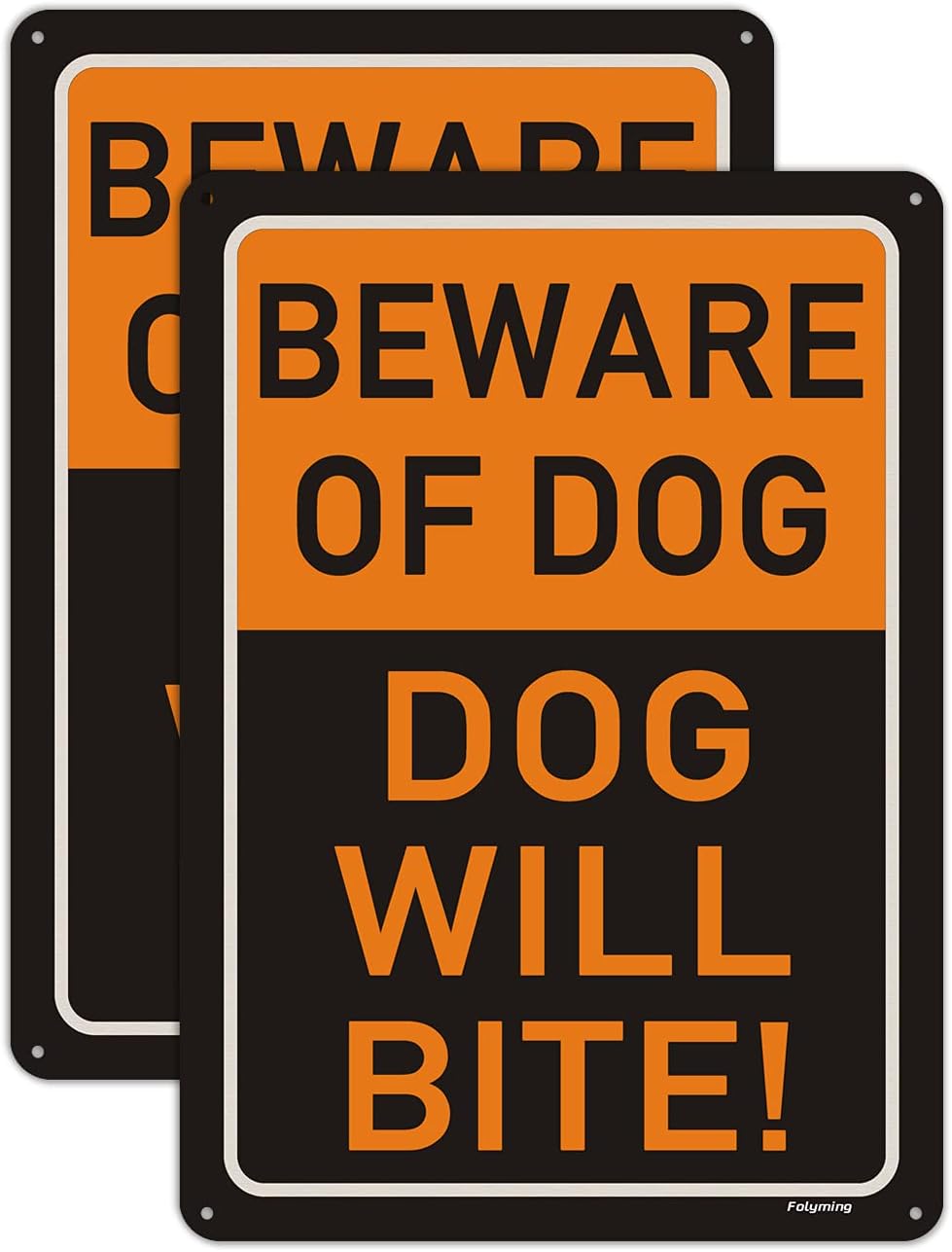 2 Carteles Perro Beware 14x10" Metal Aluminio Reflectante