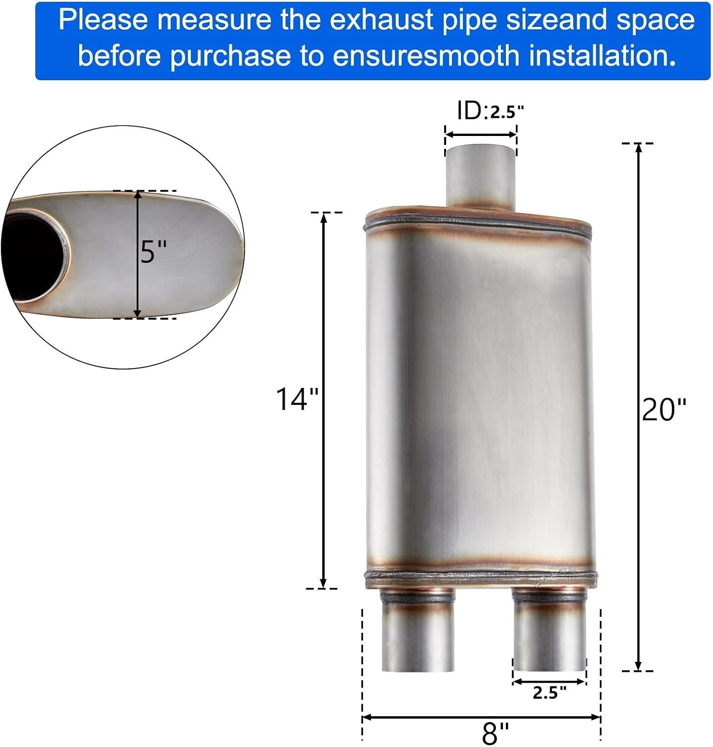 Silenciador escape acero inox 409 doble salida 2.5"