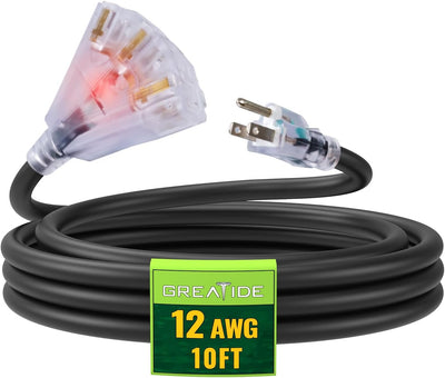 Cable extensión iluminado 10ft 3 tomas SJTW negro UL