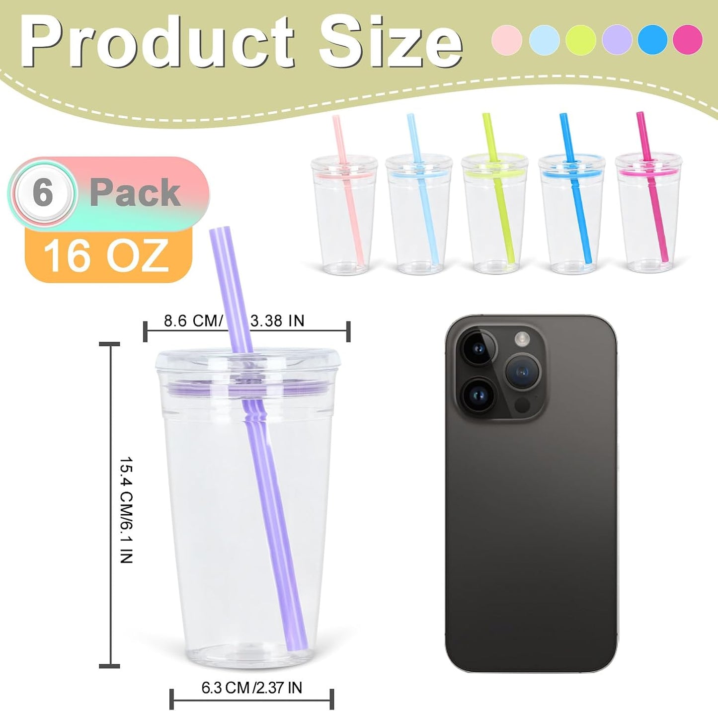 6 Pzas Vaso Acrílico 16oz con Popote Reutiliz. Sin BPA