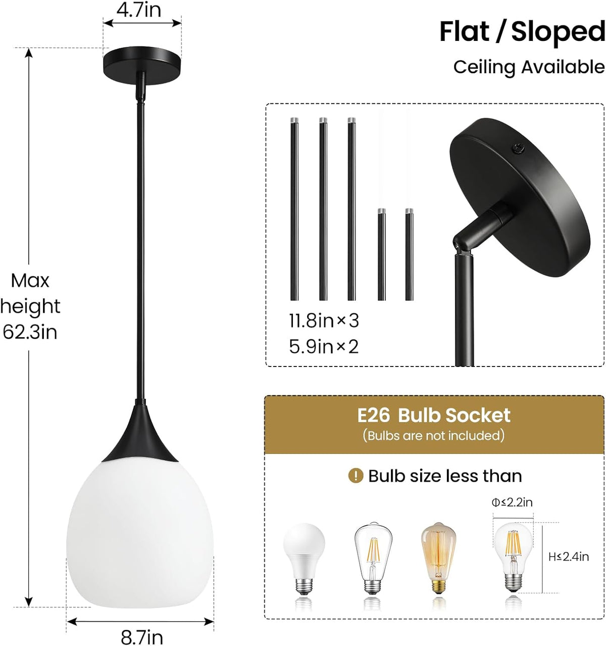 Lámpara colgante isla cocina negro mate globo vidrio 10pulg
