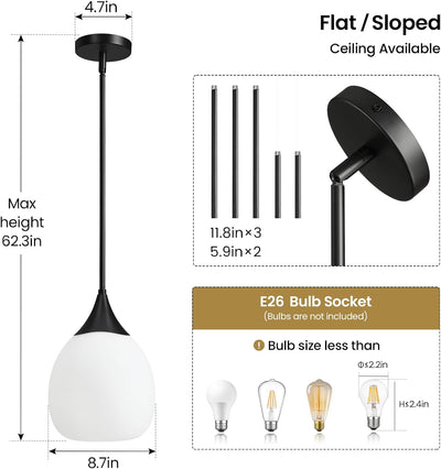 Lámpara colgante isla cocina negro mate globo vidrio 10pulg