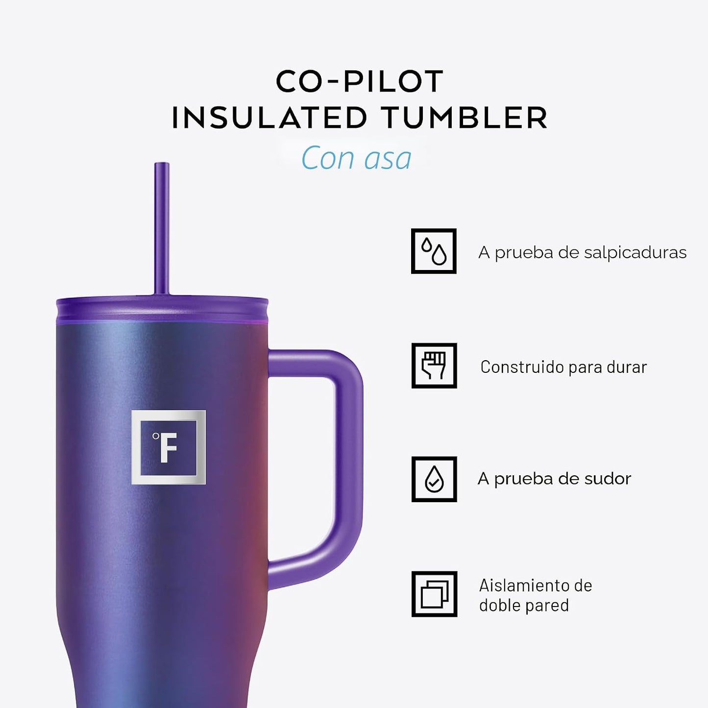 Taza aislada Co-Pilot con pajita tapas abatibles para viaje