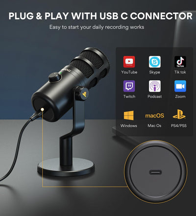 Micrófono dinámico USB para podcast con botón ganancia
