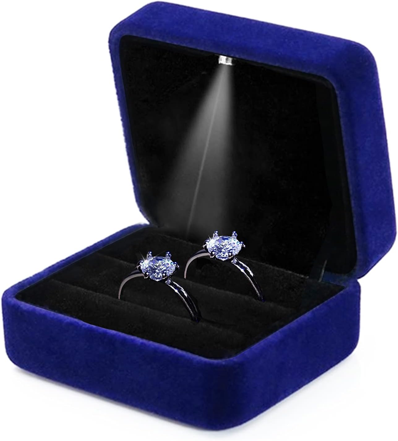 Caja terciopelo con luz LED para anillos ceremonia boda azul