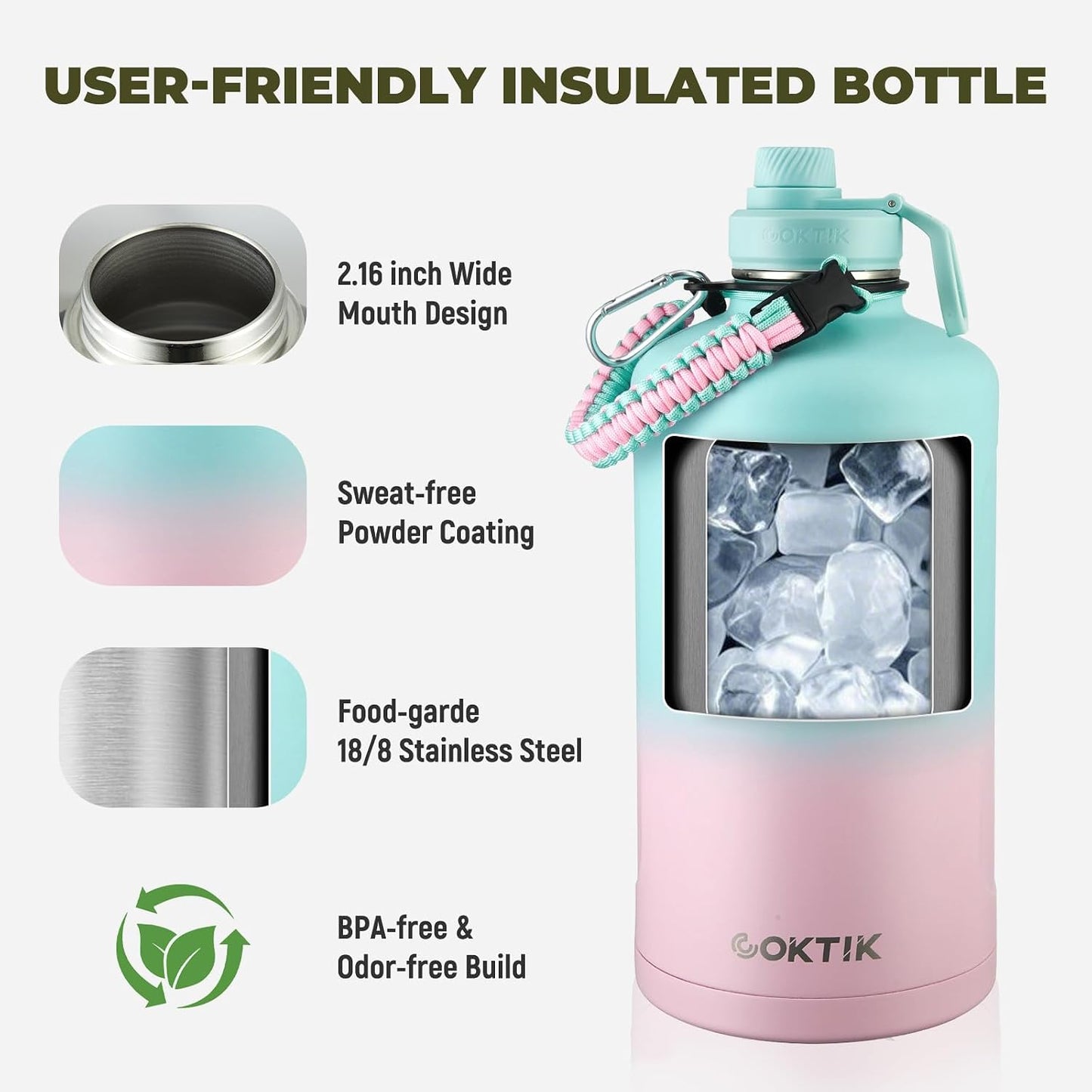 Botella agua aislada acero inox 128oz con pajilla y correa