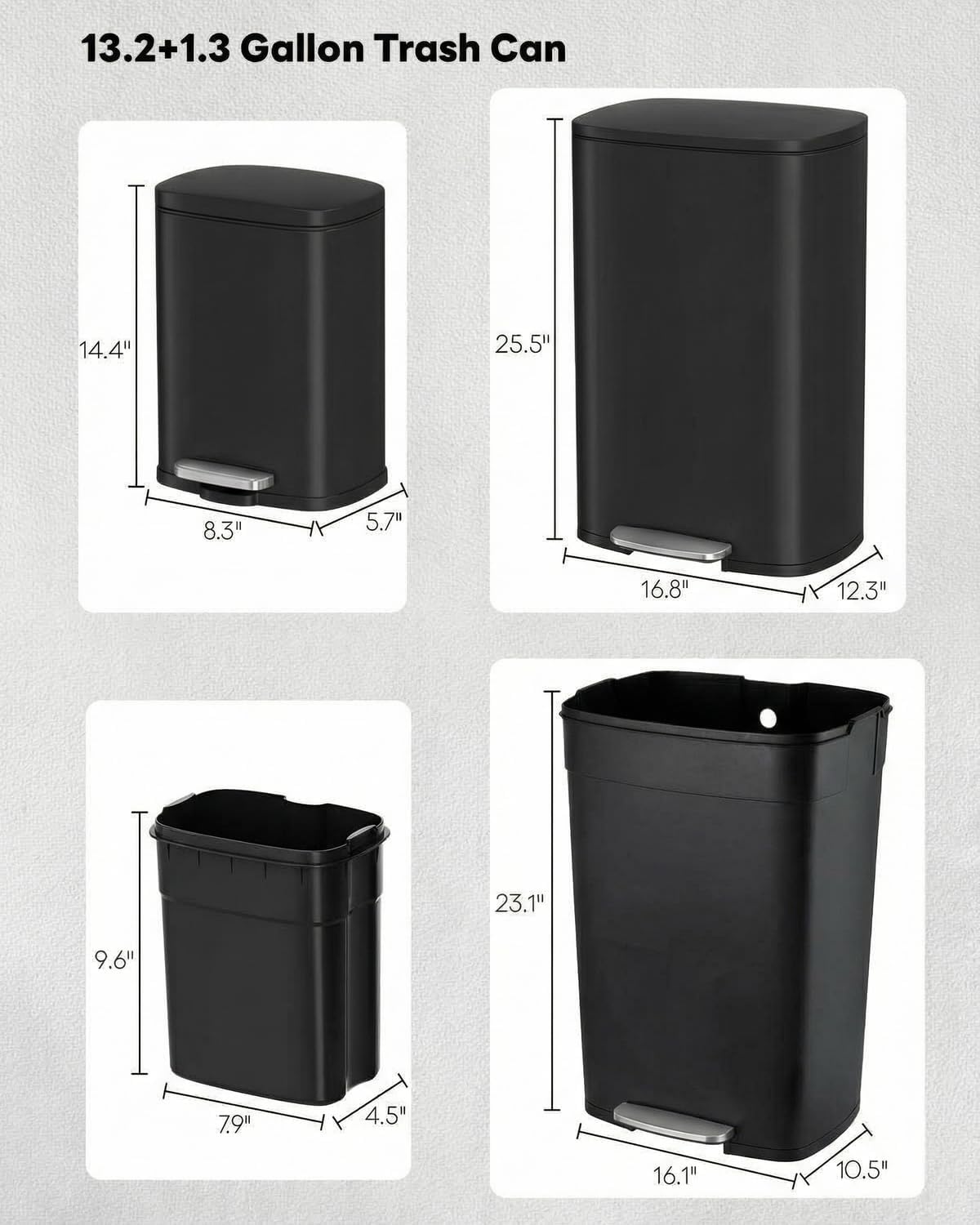 Set cubos basura acero inox 13.21.3gal con pedal