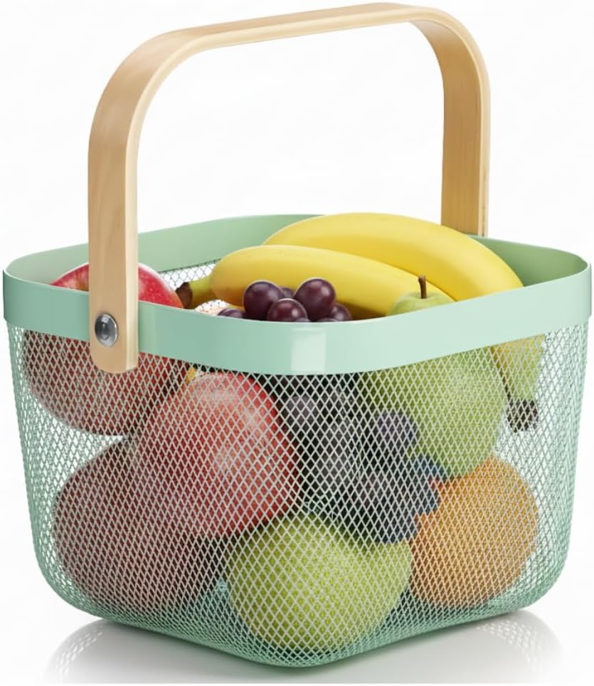 Cesta malla acero mango madera cocina baño verde