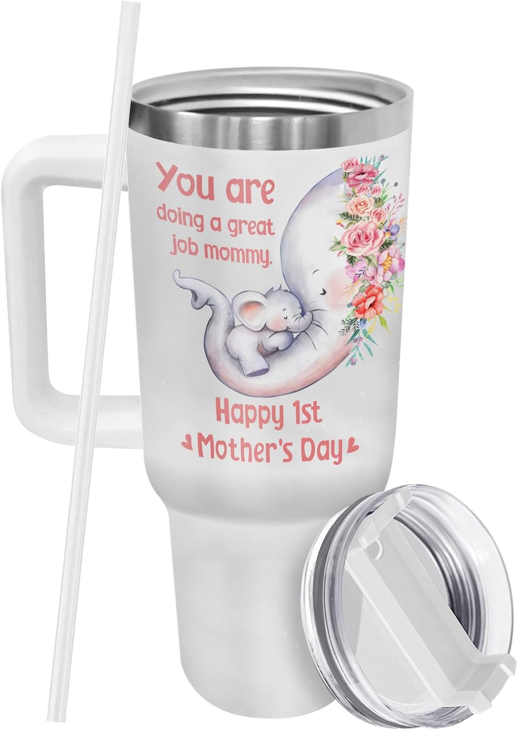 Vaso térmico acero inox asa pajita 40oz regalo mamá elefante