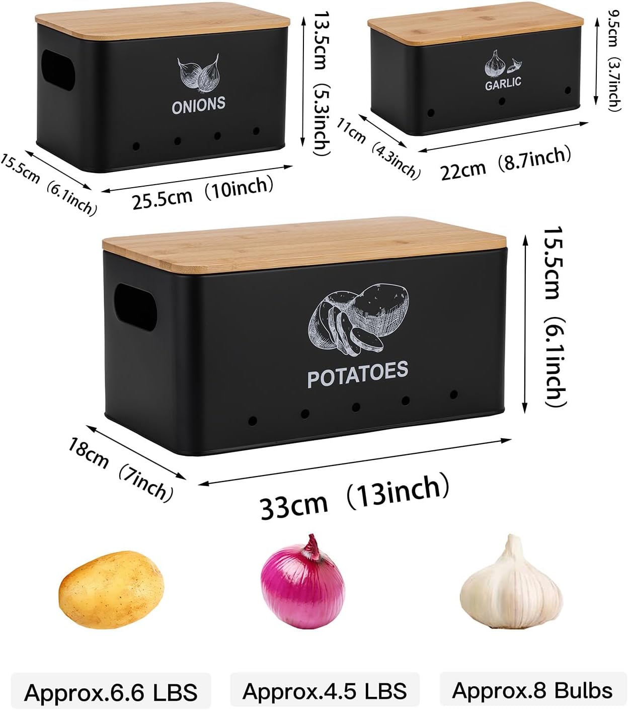 Set 3 latas almacenamiento papas cebolla acero inox