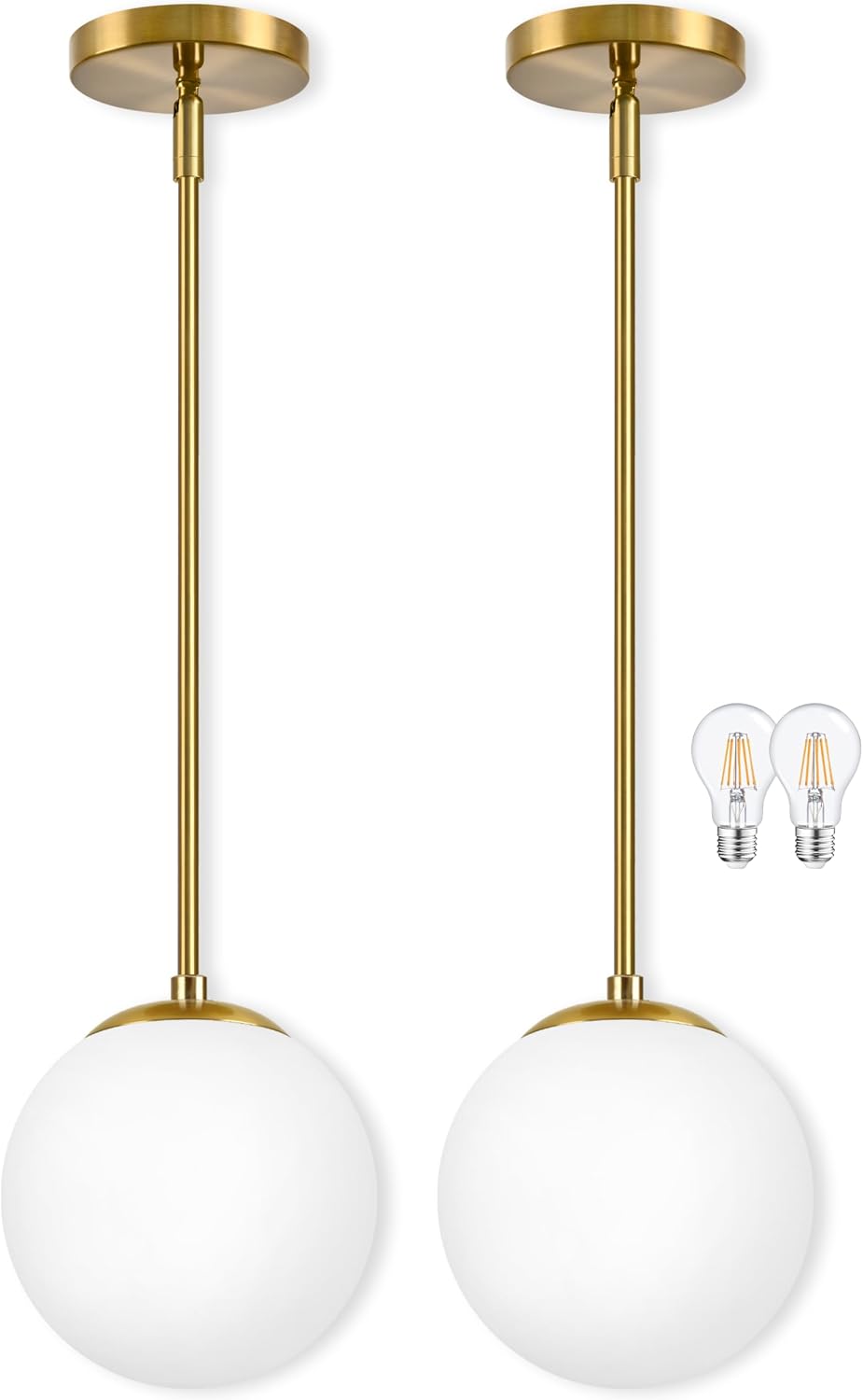 2 Lámparas colgantes globo 8pulg dorado latón cepillado vidrio