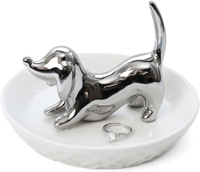 Soporte anillos forma perro cerámica plateada regalo mamá