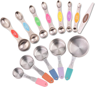 Juego tazas y cucharas medidoras acero inox 430 con asas silicona