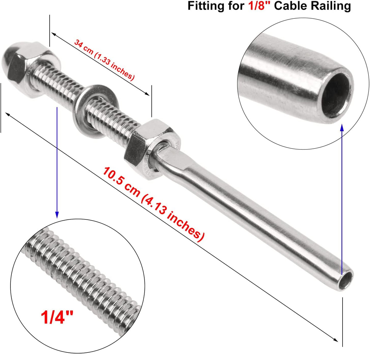 10 Tacos Roscados Acero Inox T316 para Barandilla Cable 1/8