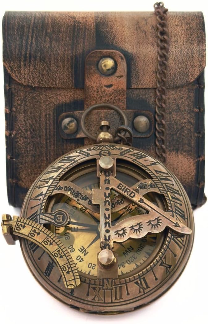 Reloj bronce con brújula y funda cuero regalo náutico hombre