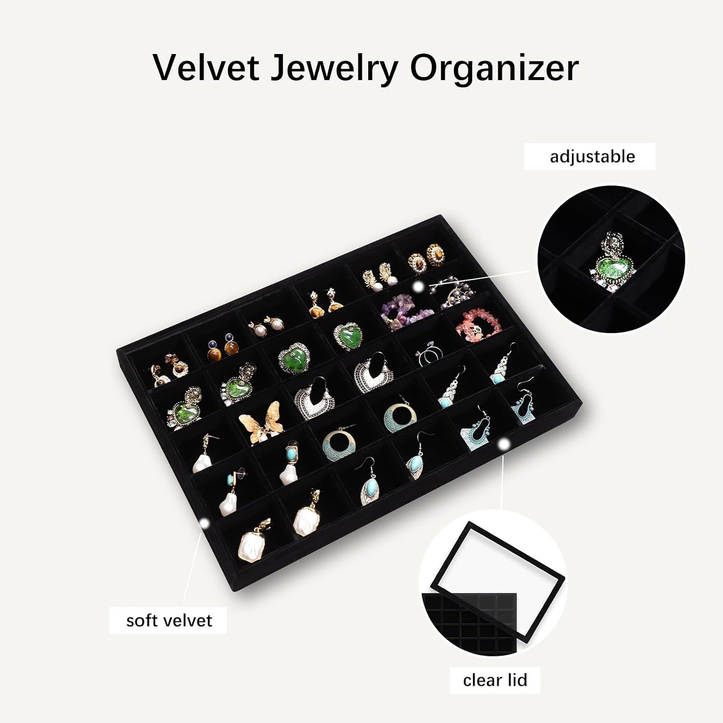 Organiz. joyas 2 bandejas apilables 30 rejillas aretes con tapa