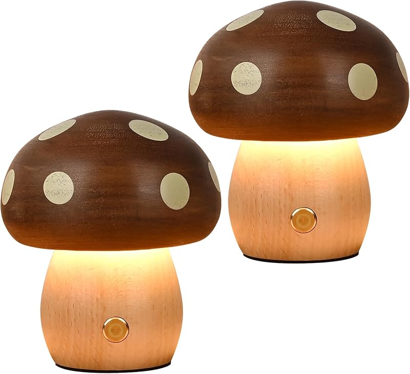 2 Lámparas Mesa Madera Forma Hongo Led Recargables Inalámbricas