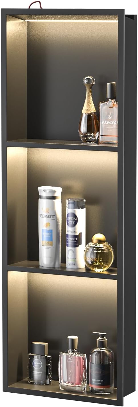 Nicho ducha LED 36x12pulg acero inox negro mate 3 niveles