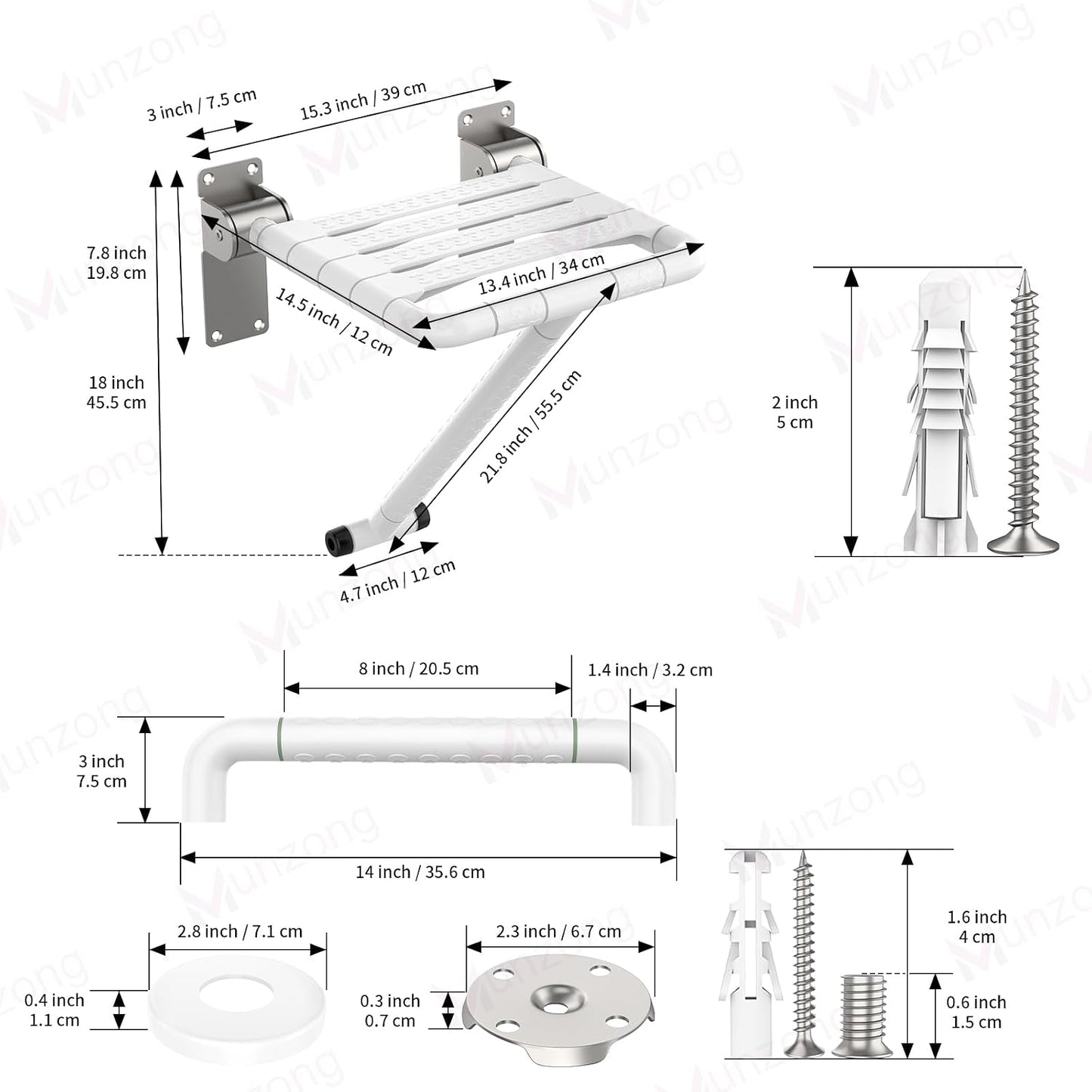 Asiento ducha plegable pared barra apoyo blanco