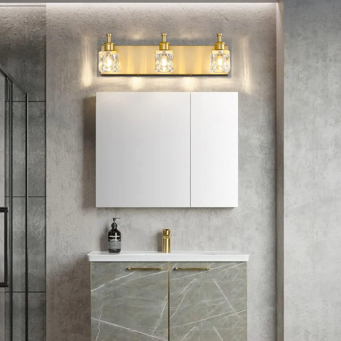 Luces de tocador de baño modernas de cristal dorado 3 luces