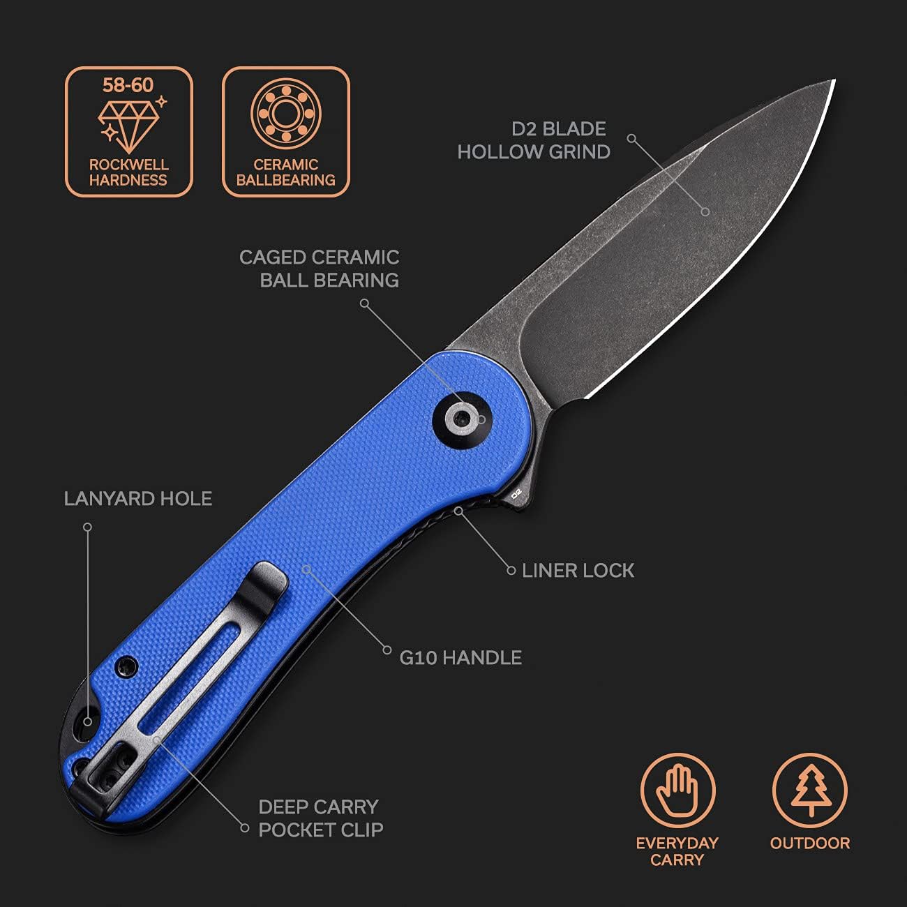 Cuchillo plegable D2 G10 2.96pulg con clip EDC C907X azul