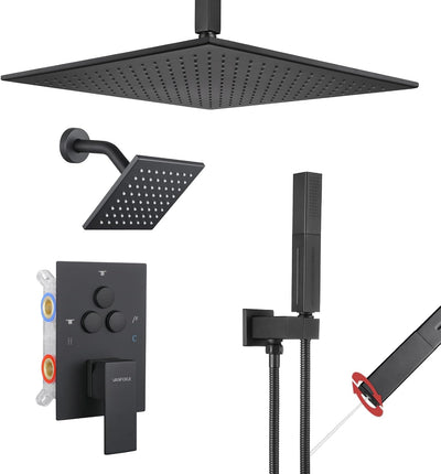 Set grifo ducha 2en1 negro mate 12pulg techo 6pulg lateral