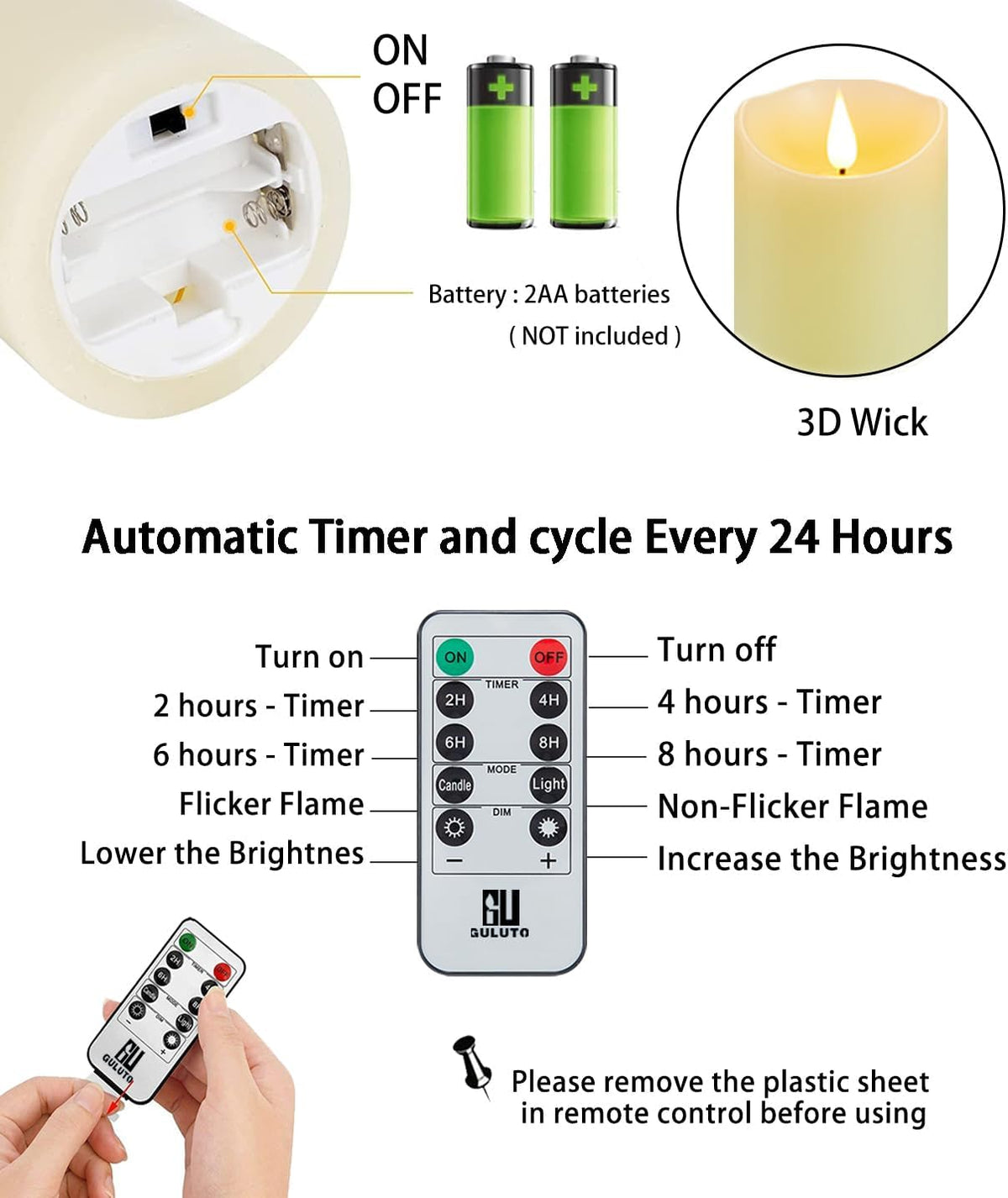 Velas LED parpadeantes con control remoto 3x6