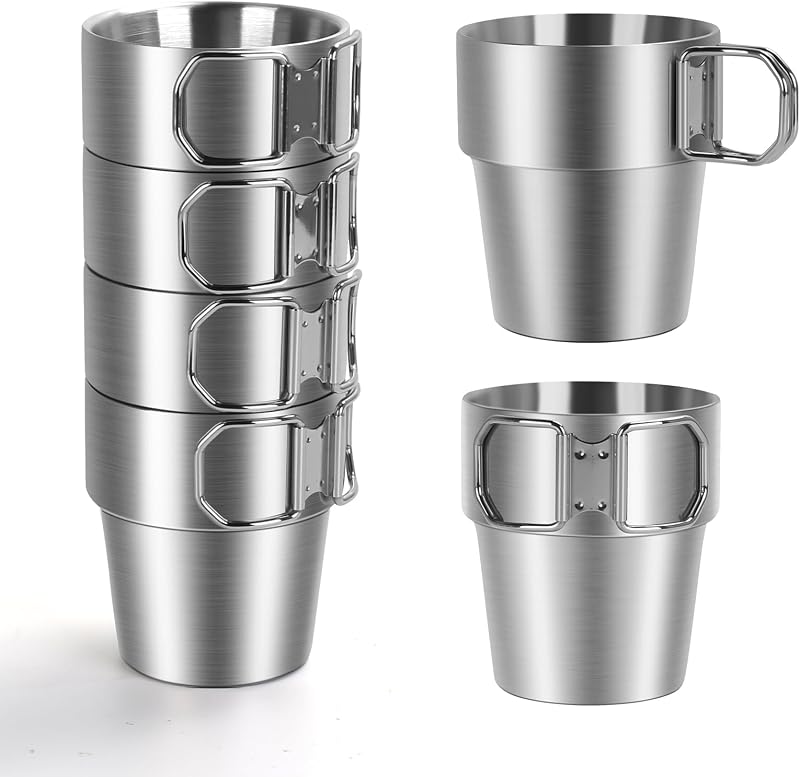 4 Tazas Camping Acero Inox 10oz Doble Pared Plegable