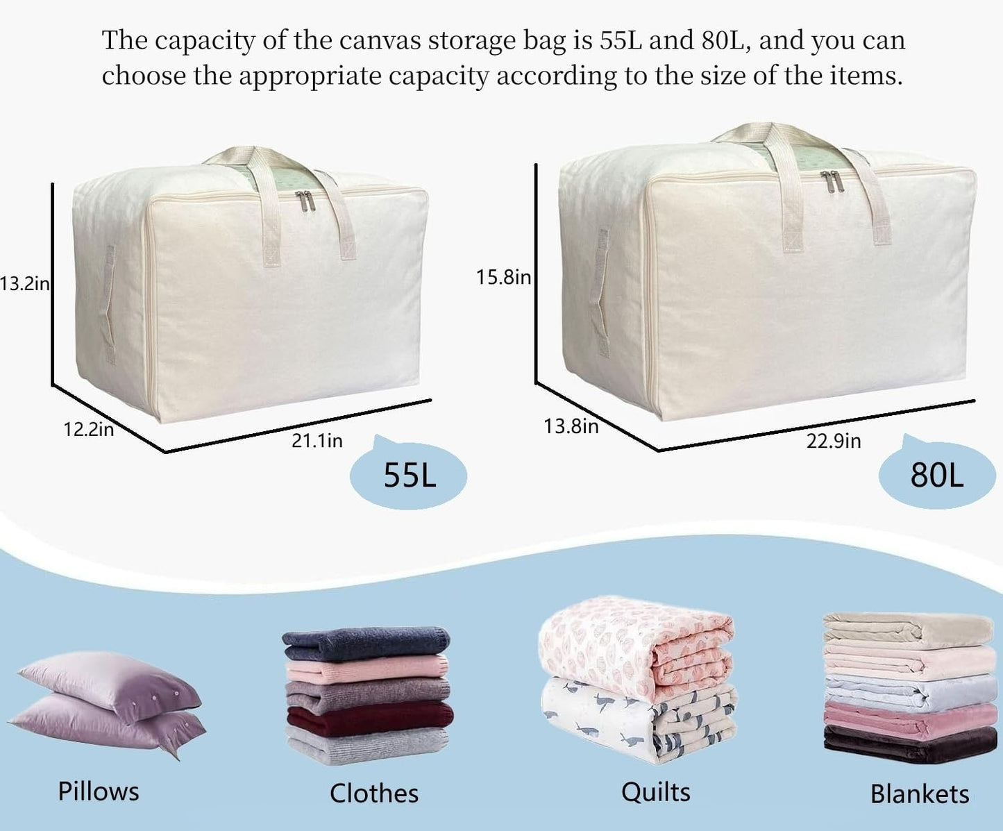 Bolsas almacenamiento edredón lona 80L con asas y ventana