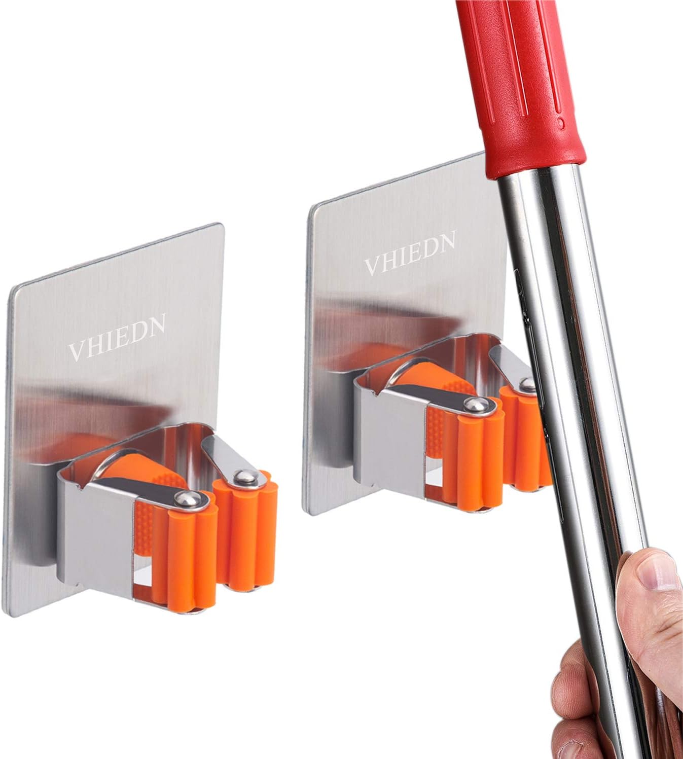 Soporte pared escoba 2 pzas acero inox naranja resistente