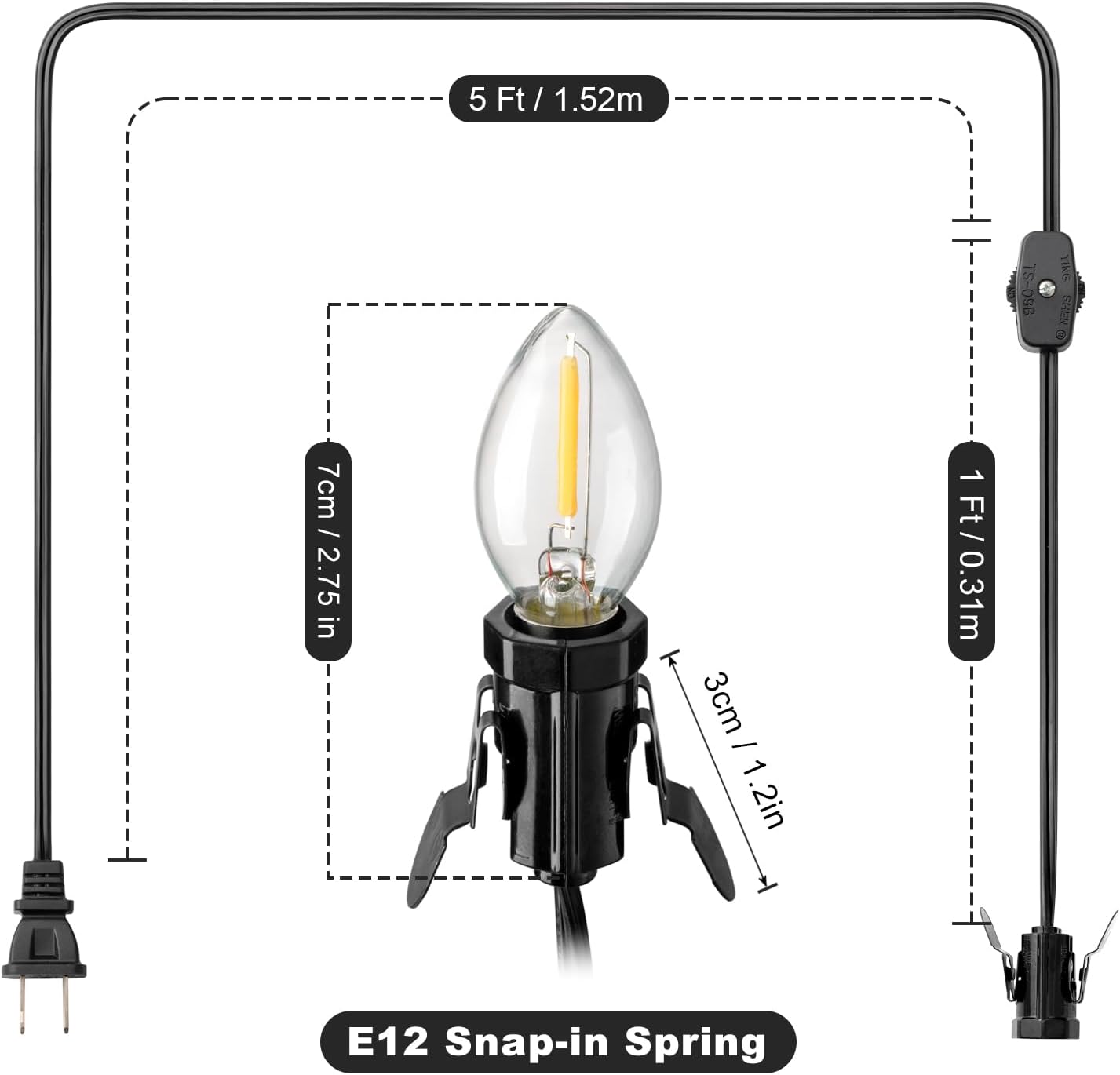 Cable C7 6ft con bombilla LED E12 interruptor Navidad
