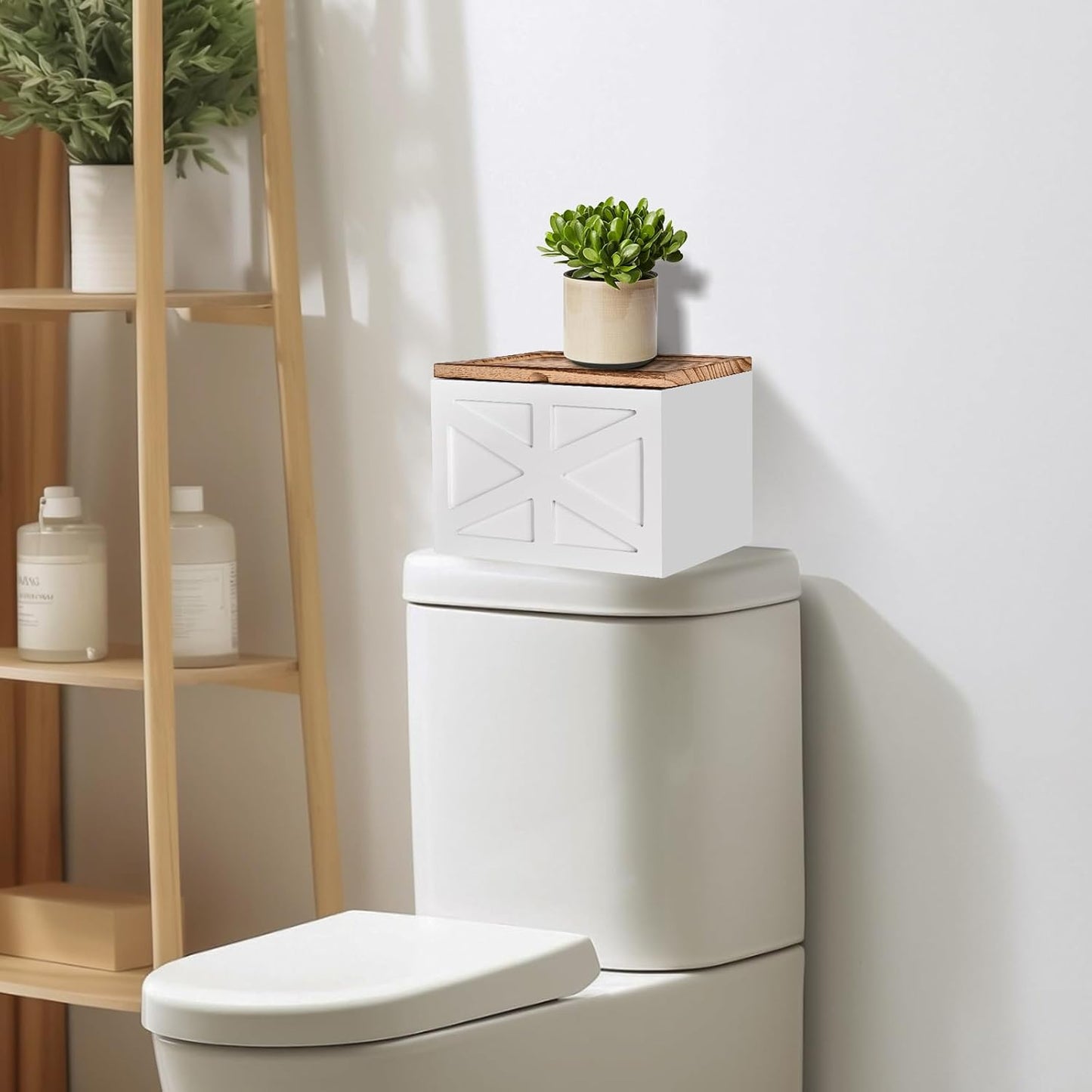Soporte tampón baño organiz. madera con tapa
