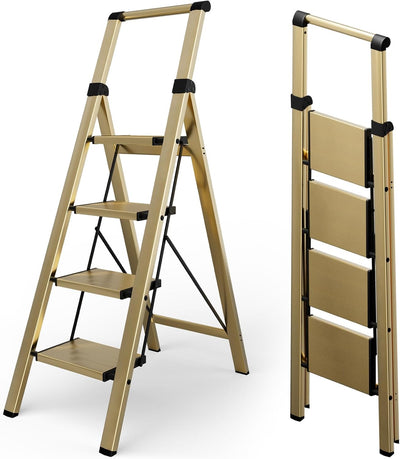 Escalera plegable aluminio 4 escalones antiderrap dorado