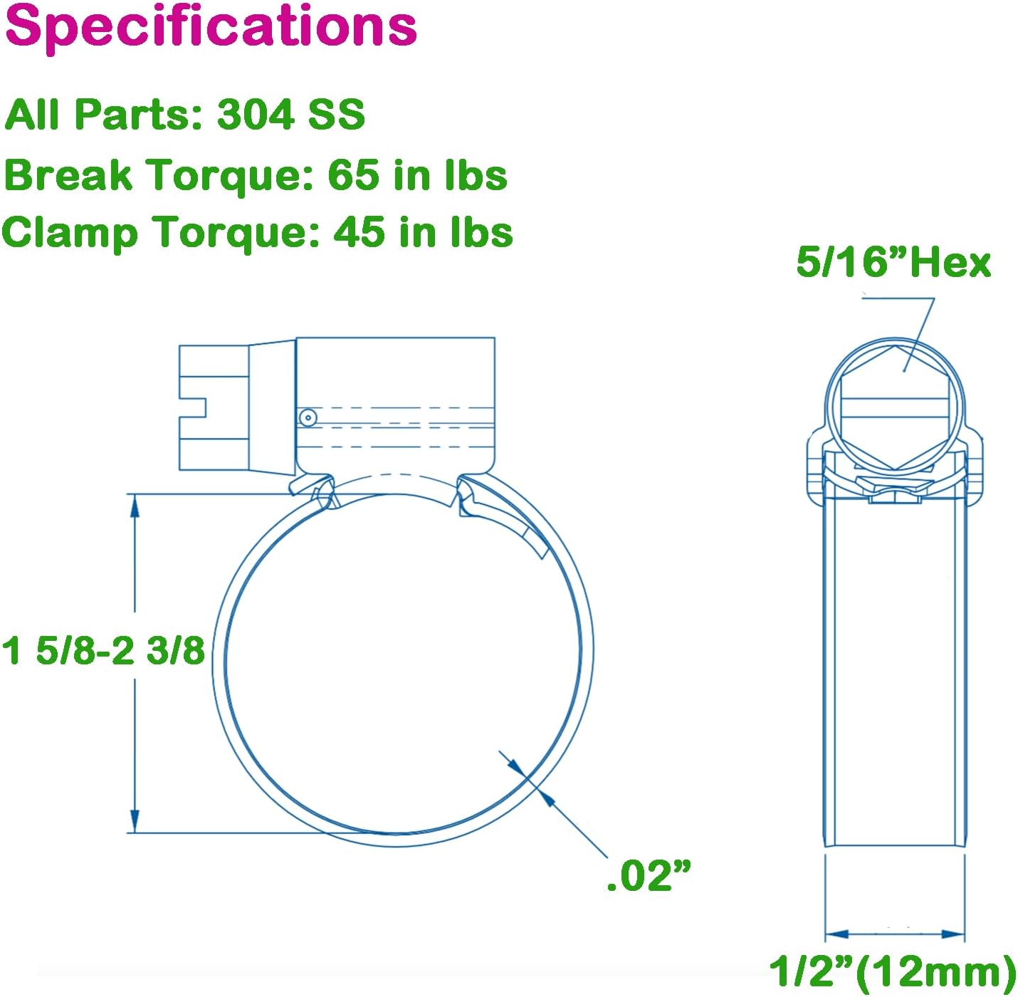 Abrazadera manguera acero inox 304 ajustable 1-5/8 a 2-3/8"