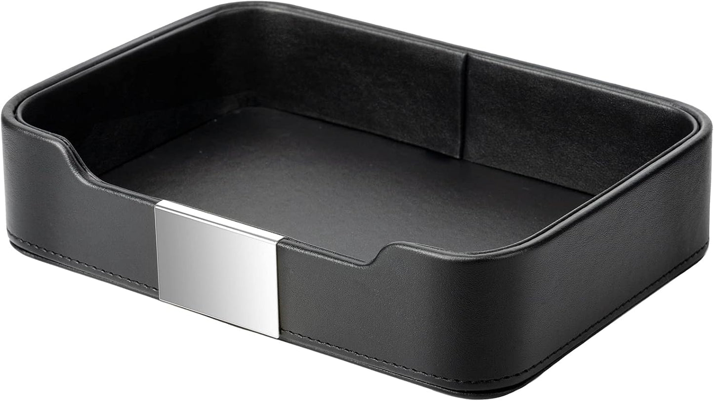 Bandeja cuero lujo organiz. escritorio mesa entrada plateado