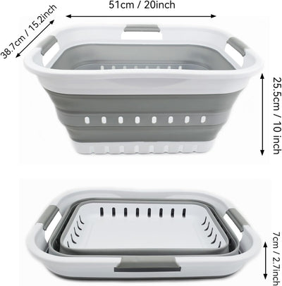 Cesta lavandería plástico plegable 30L 3 asas blanco/gris