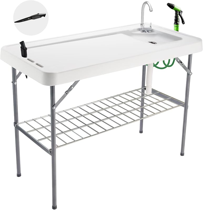 Mesa plegable limpieza pescado camping con grifo y drenaje