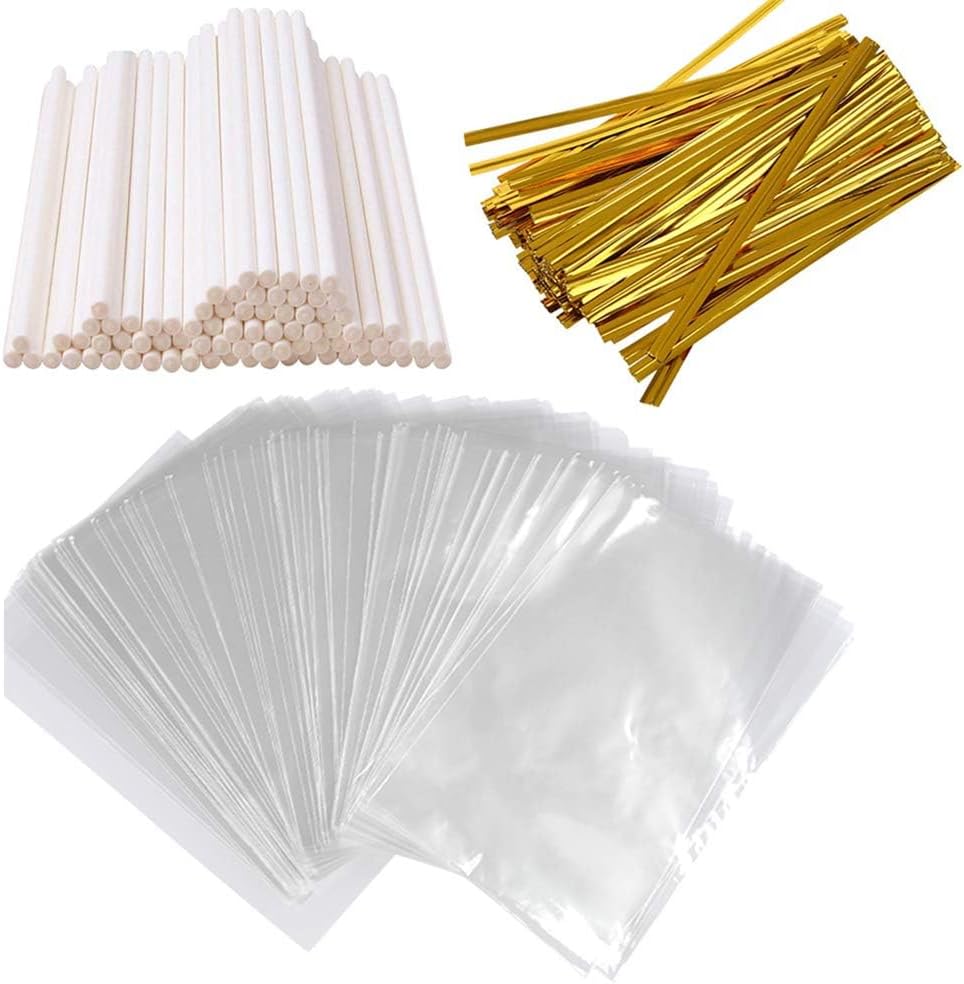Paquete de 300 palitos de piruleta con bolsas de caramelo transparentes y lazos dorados