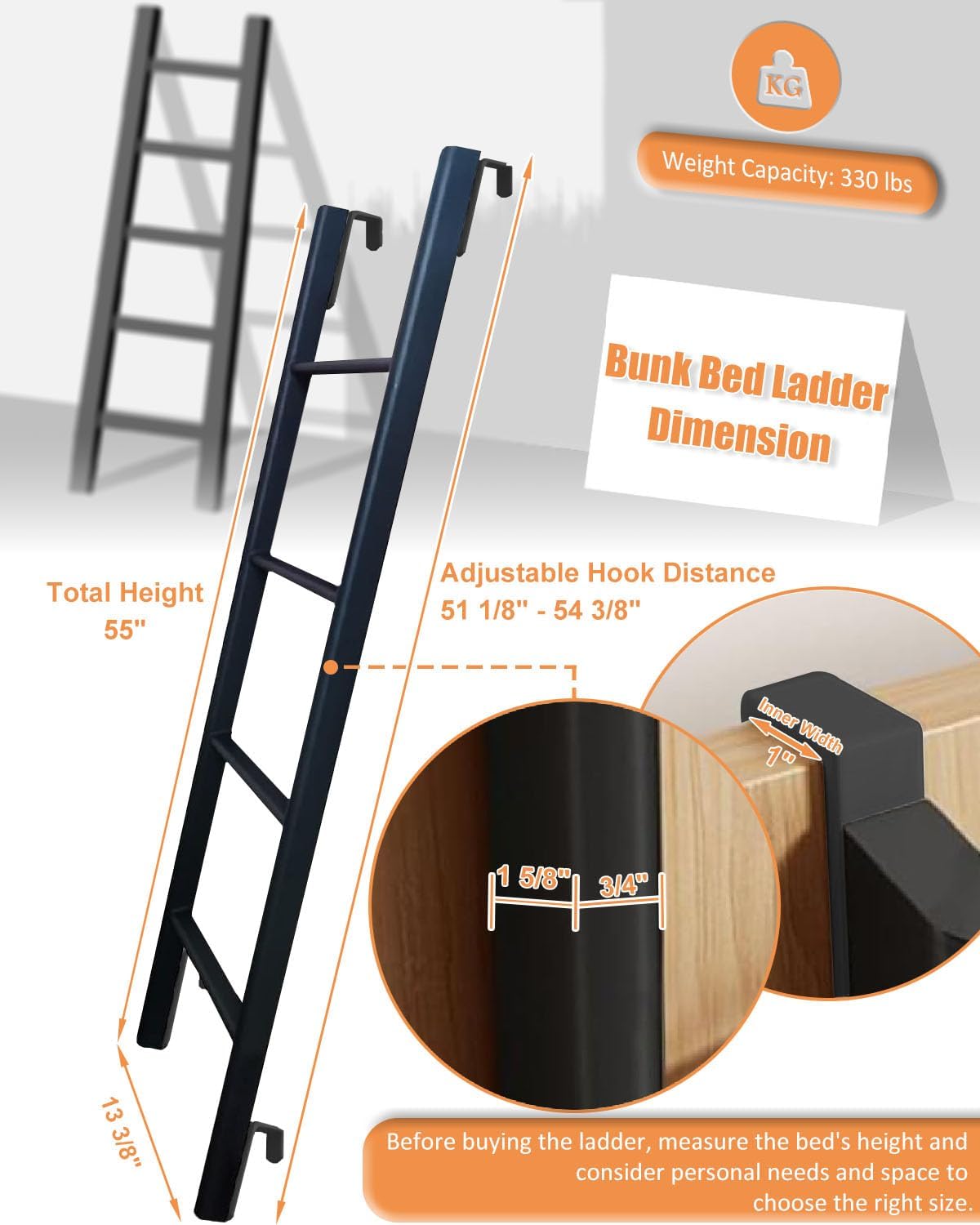 Escalera litera acero 50-72pulg con ganchos antideslizantes